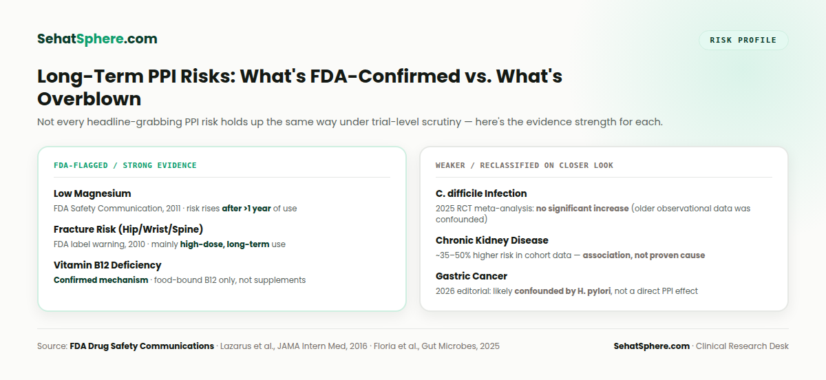 Long-term PPI risk profile comparing FDA-flagged risks (magnesium, fracture, B12) against weaker or reclassified risks (C. difficile, kidney disease, gastric cancer) with their strength of evidence