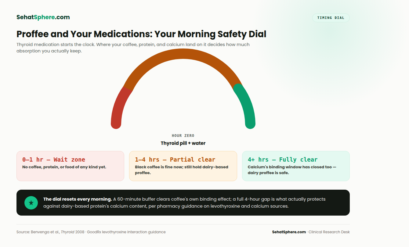 Proffee and your medications 24-hour interaction clock showing safe timing windows for thyroid medication, coffee, and protein