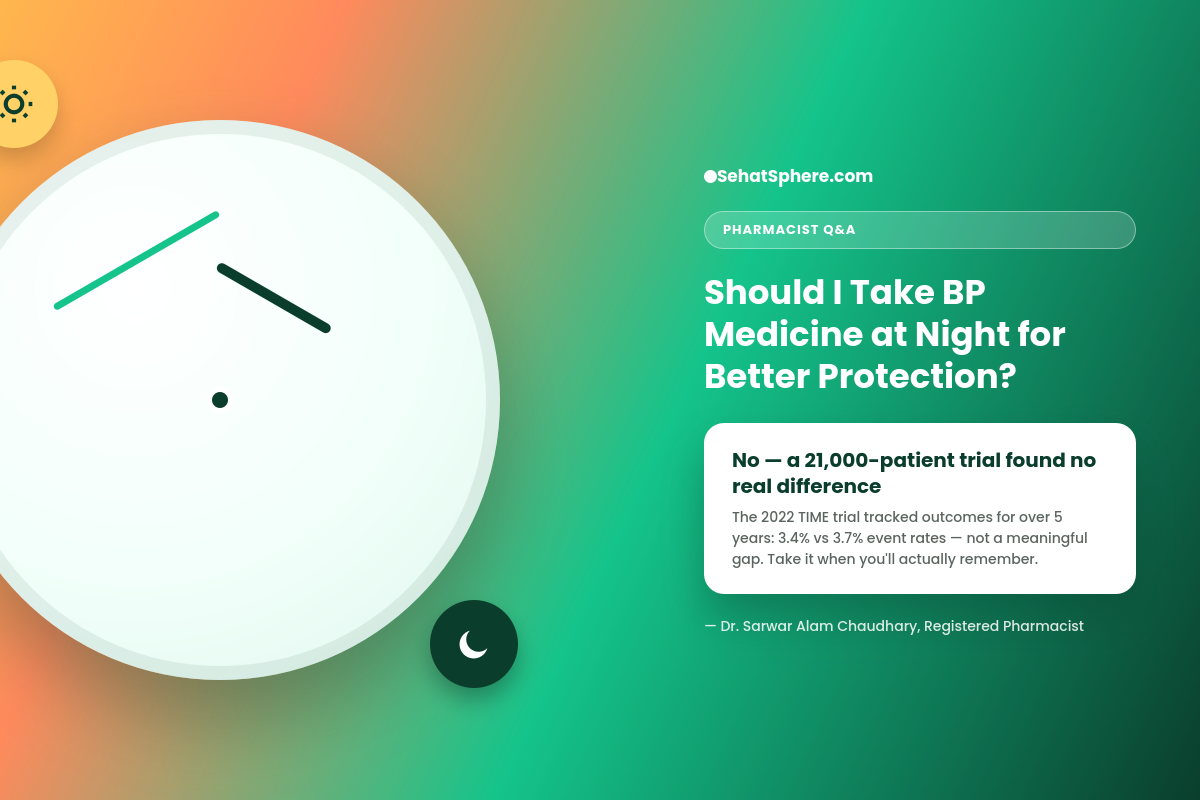 SehatSphere Pharmacist Q&A: Should I take BP medicine at night for better protection? No, a 21,000-patient trial found no real difference