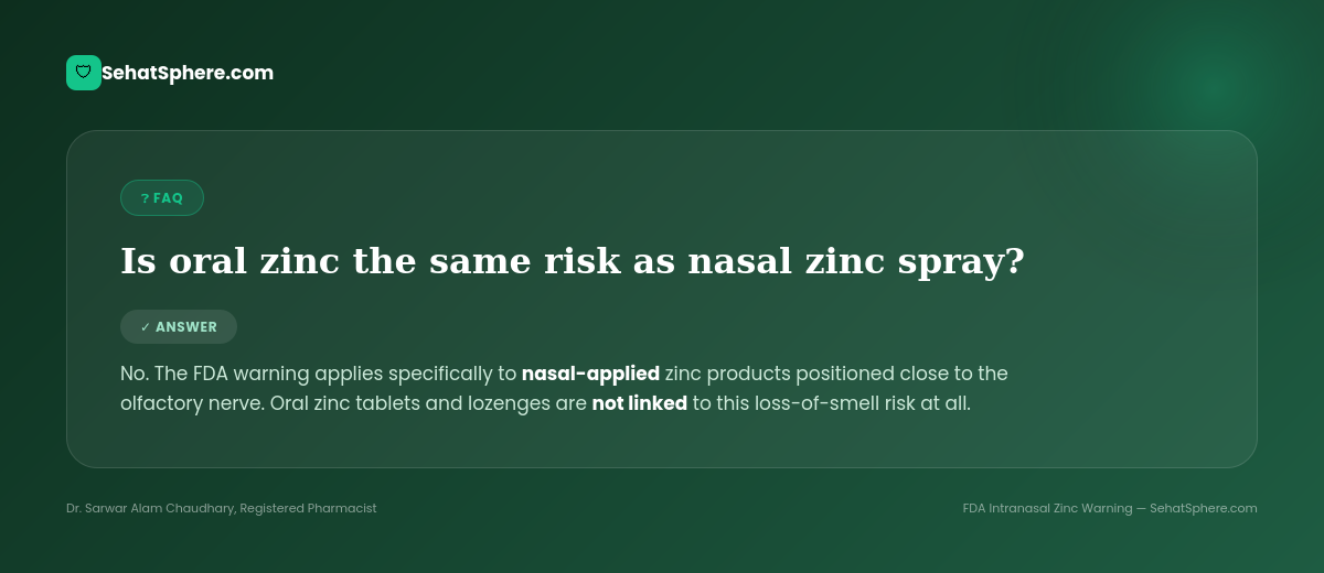 Is oral zinc the same risk as nasal zinc spray - FDA warning applies specifically to nasal applied zinc products