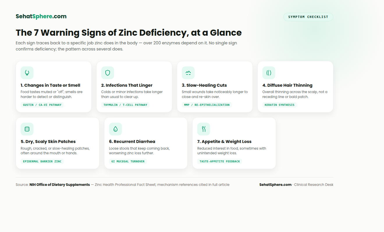 The 7 warning signs of zinc deficiency at a glance — taste changes, frequent infections, slow wound healing, hair thinning, skin issues, diarrhea, and appetite loss